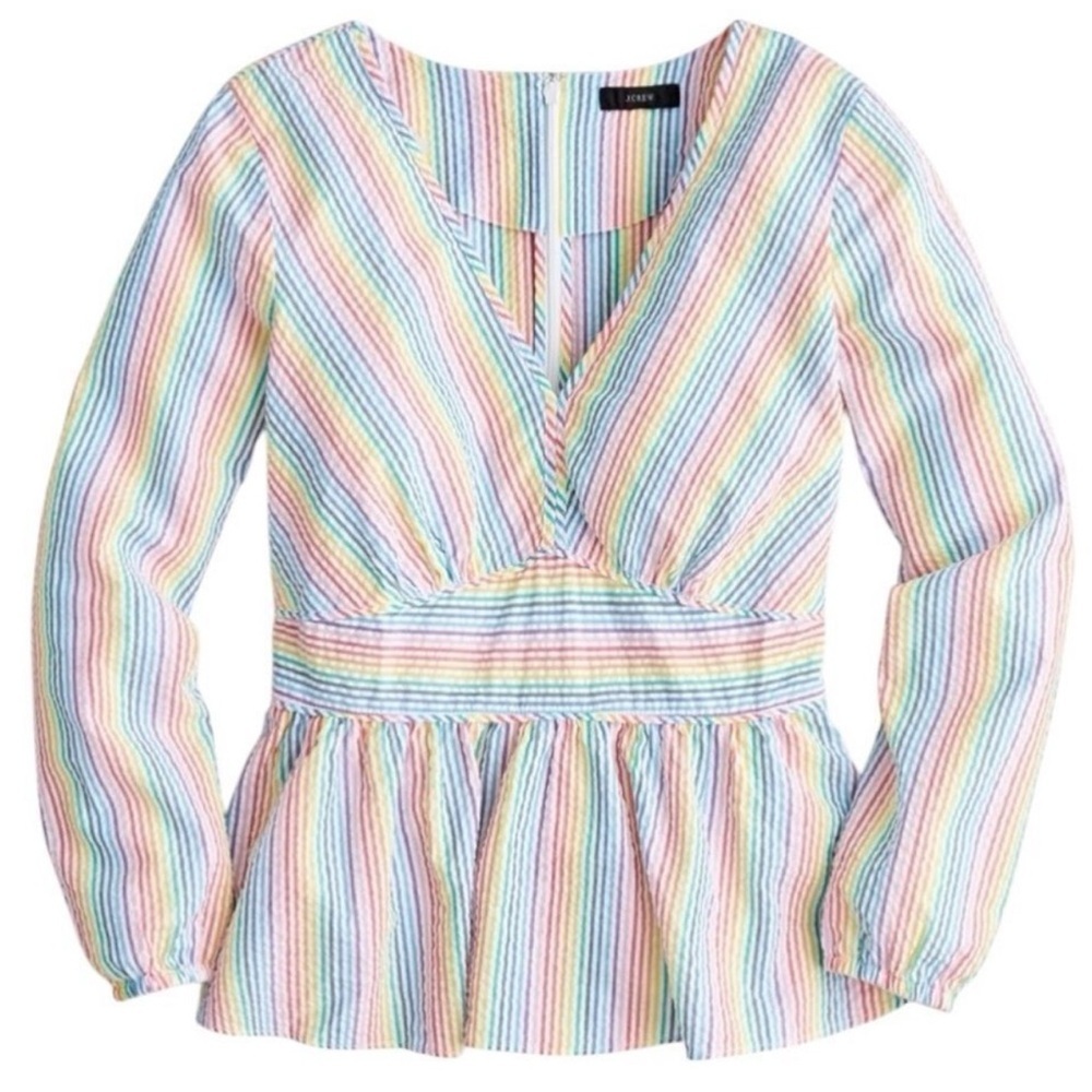J. Crew V-neck peplum top in rainbow seersucker, size 12 used lightly